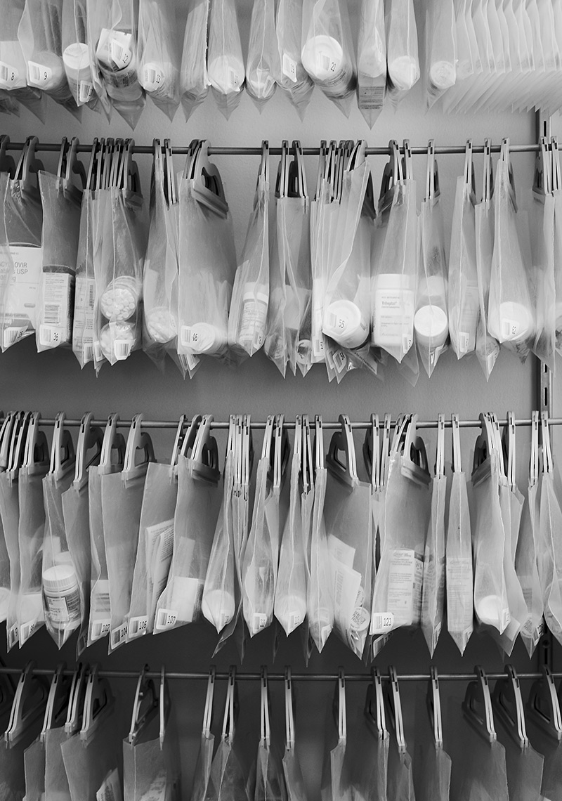 detail of filled prescriptions at community health clinic