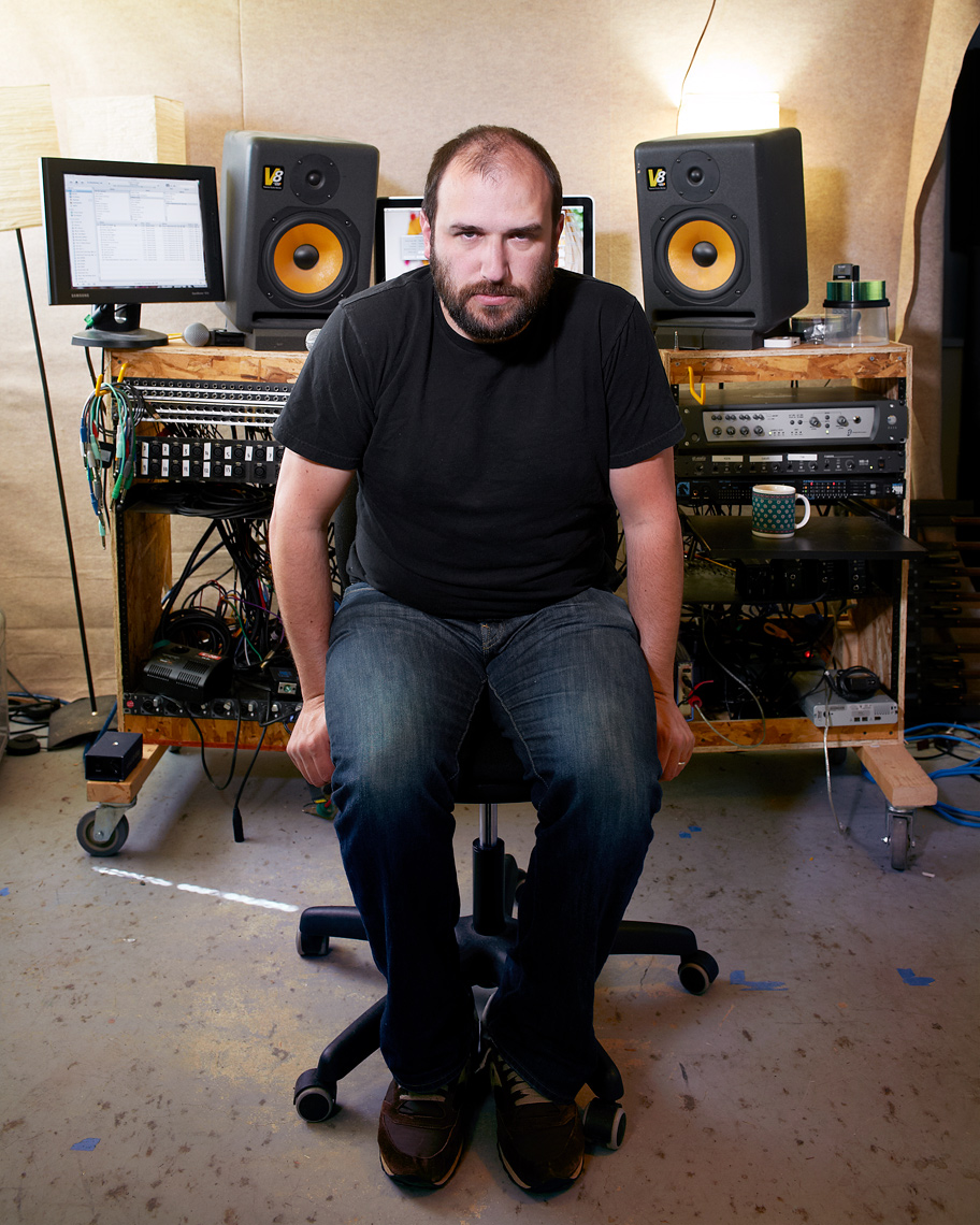 Singer David Bazan sits for portrait in his studio